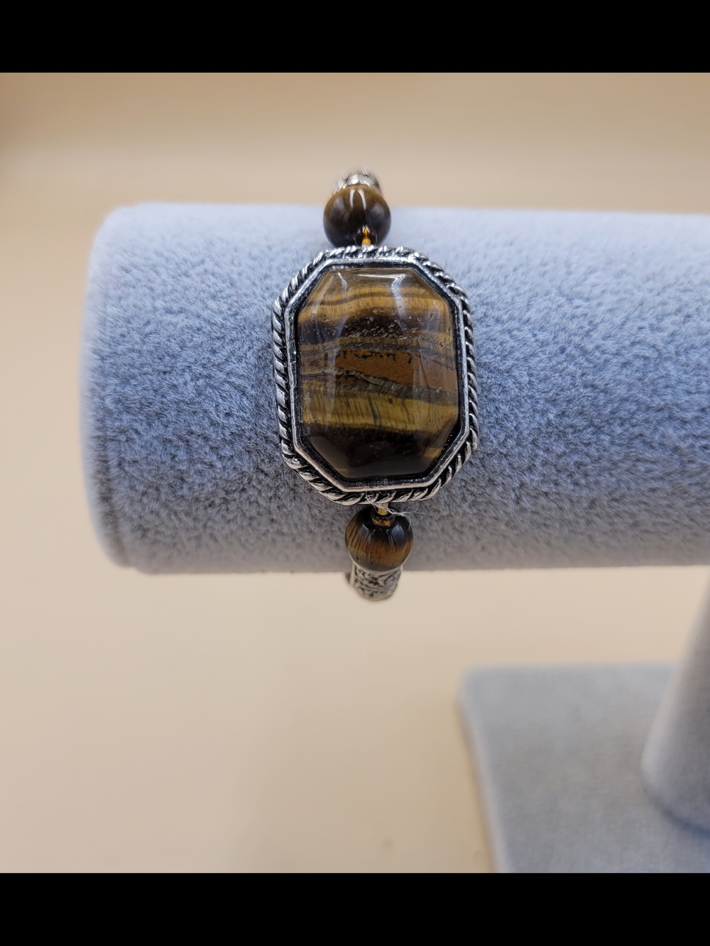 Vintage Silver Tone & Tiger Eye Filigree Stretch Bracelet Gorgeous! EUC Boho